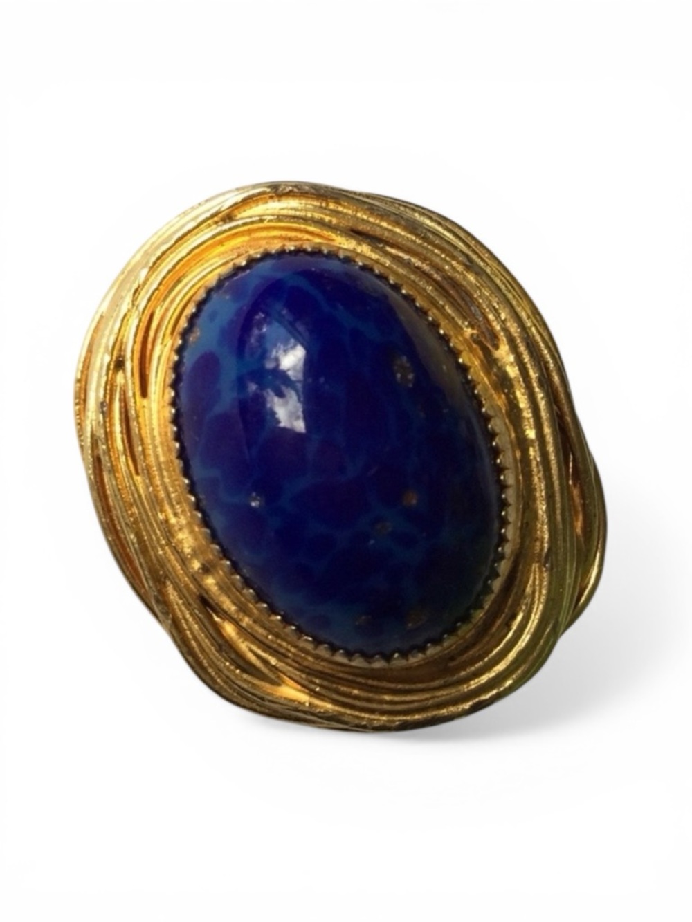 Vintage Brutalist Gold‑Tone Brooch - Blue Agate Cabochon & Gold Flecks - Picture 7 of 13